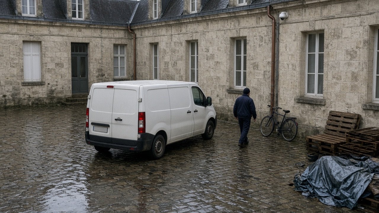 Cour pavée, utilitaire blanc, quelqu’un qui traverse, dôme sous la corniche