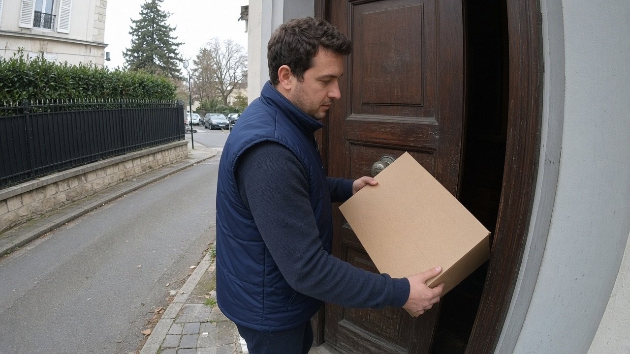 Livreur calant un colis contre une porte