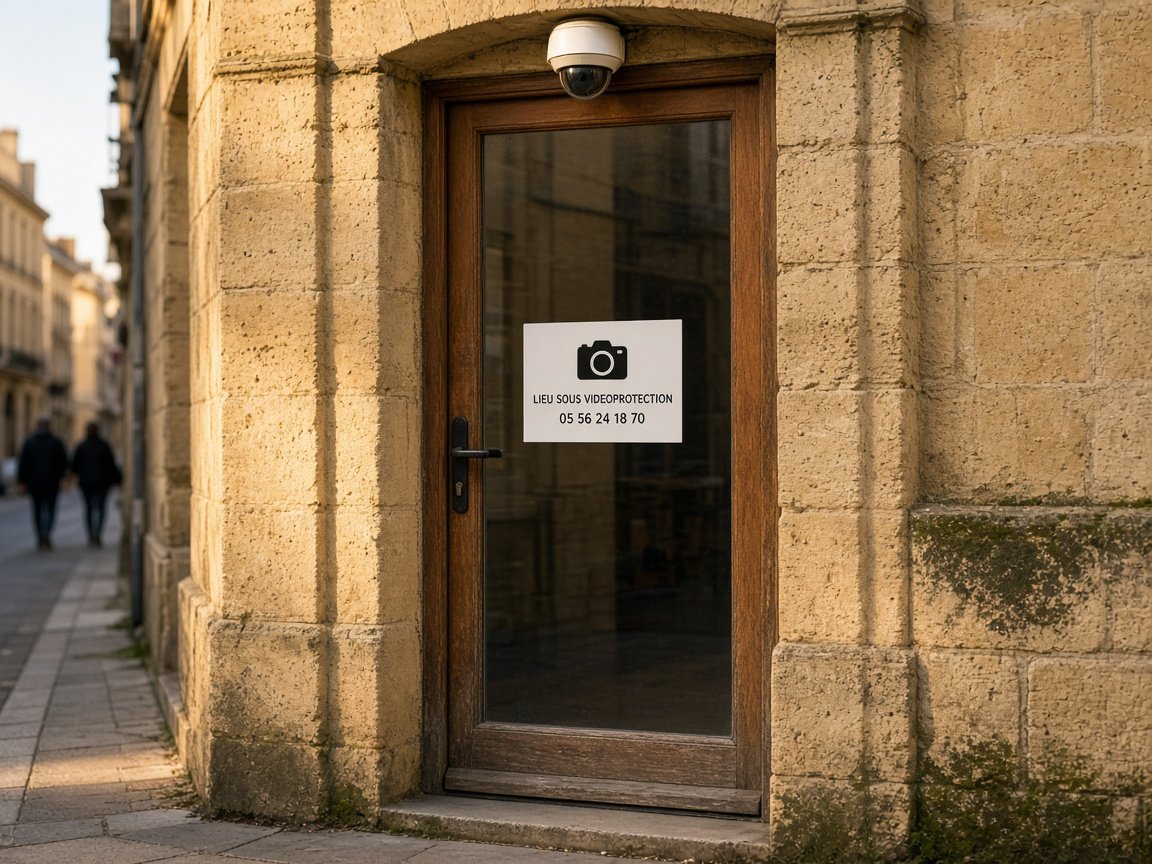 Porte vitrée d’un commerce, pictogramme vidéoprotection et dôme au-dessus du linteau