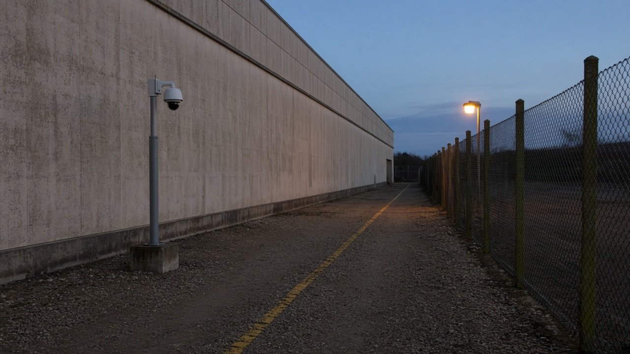 Bande de gravier entre un mur et un grillage, dôme sur mât, ligne jaune au sol