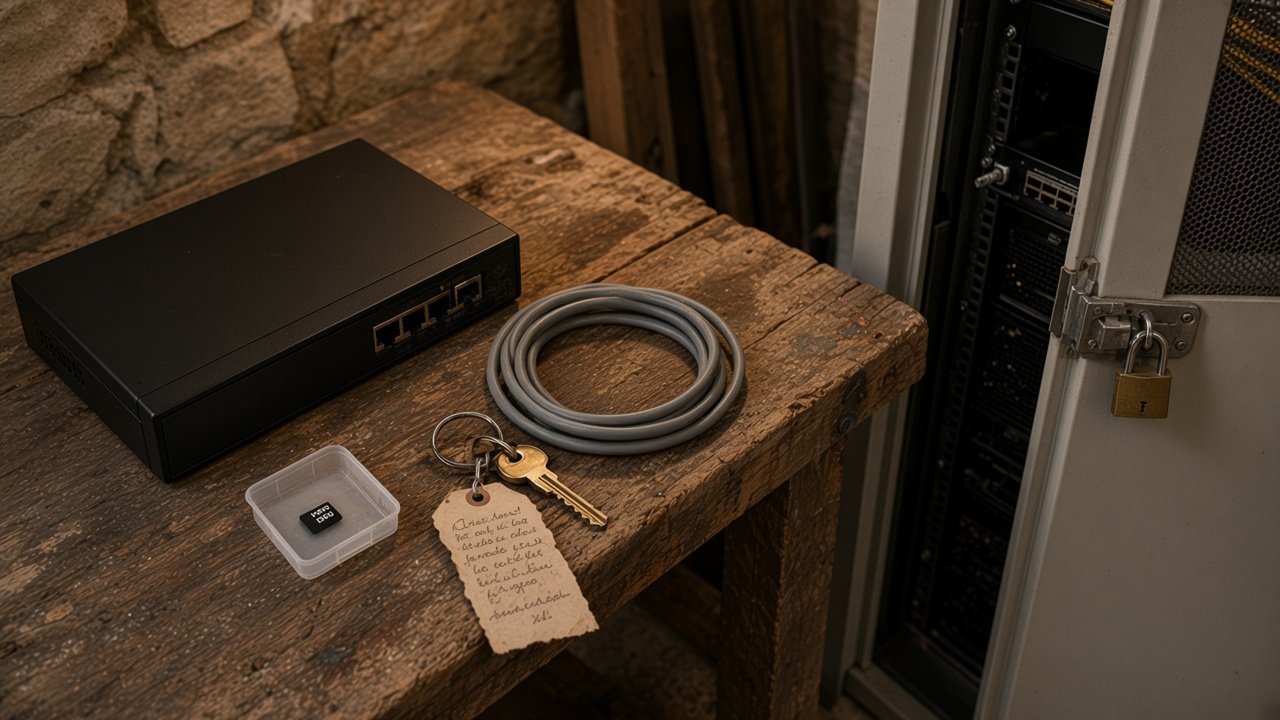 Carte microSD à côté d’un enregistreur, clé et étiquette ARCHIVE NVR