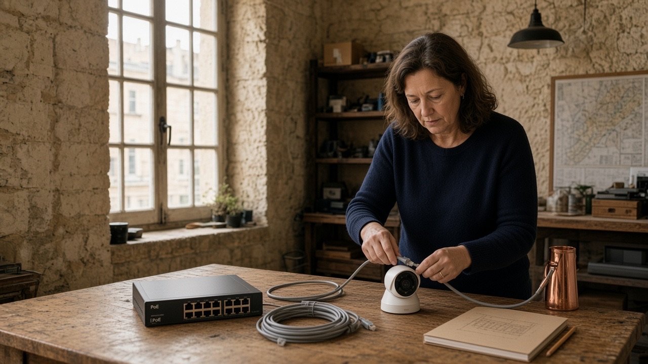 Établi de l’atelier : dôme, câble Ethernet, switch PoE, carnet de plan