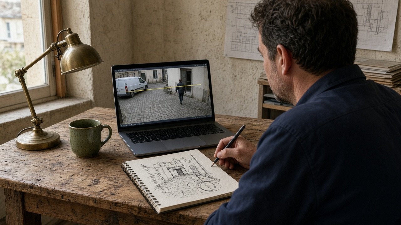 À l’atelier, un live de cour sur l’écran, une ligne jaune d’alarme, le plan crayonné à côté