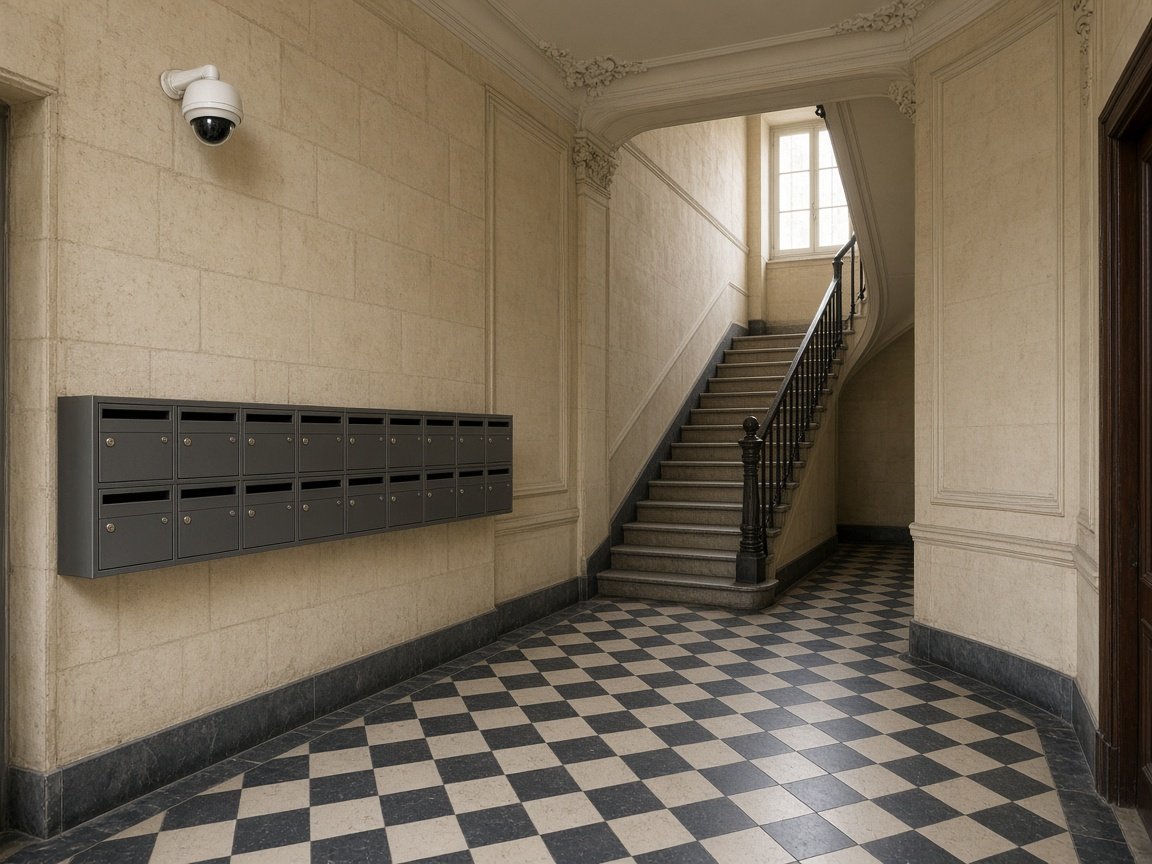 Hall d’immeuble, dôme orienté vers les boîtes aux lettres, pas vers les portes d’appartements