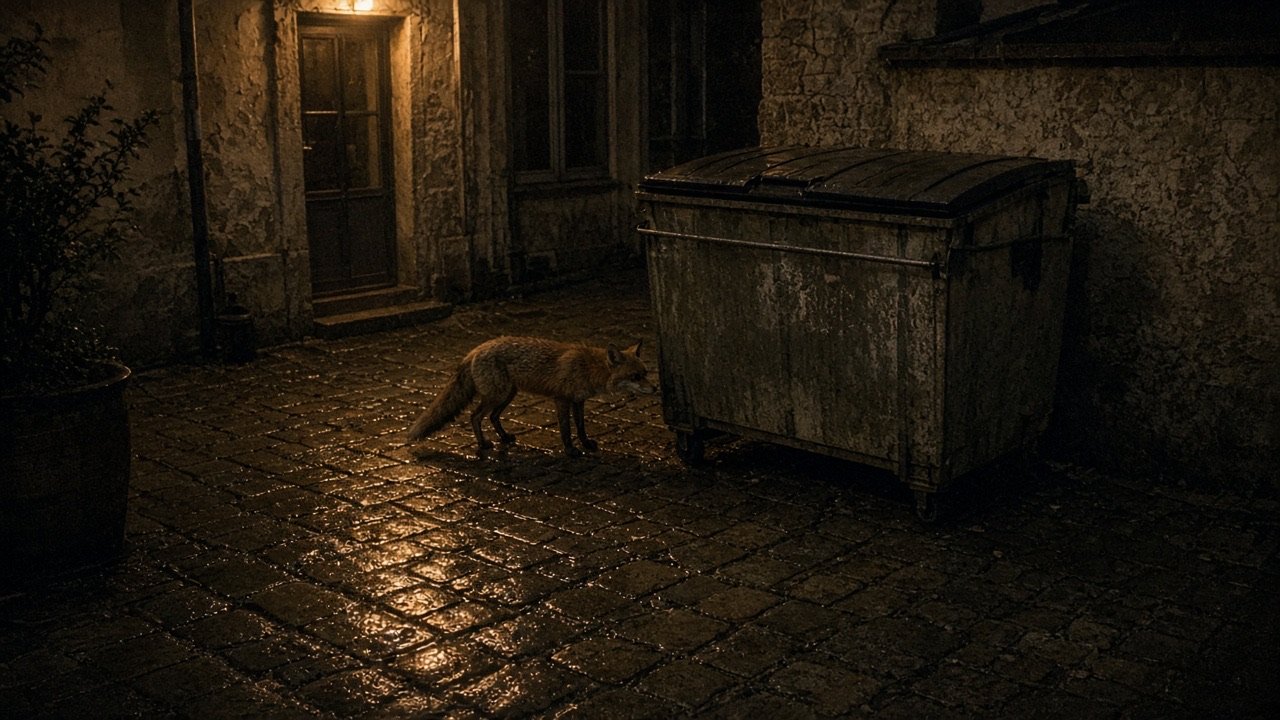 Renard nocturne près d’un bac, image de surveillance