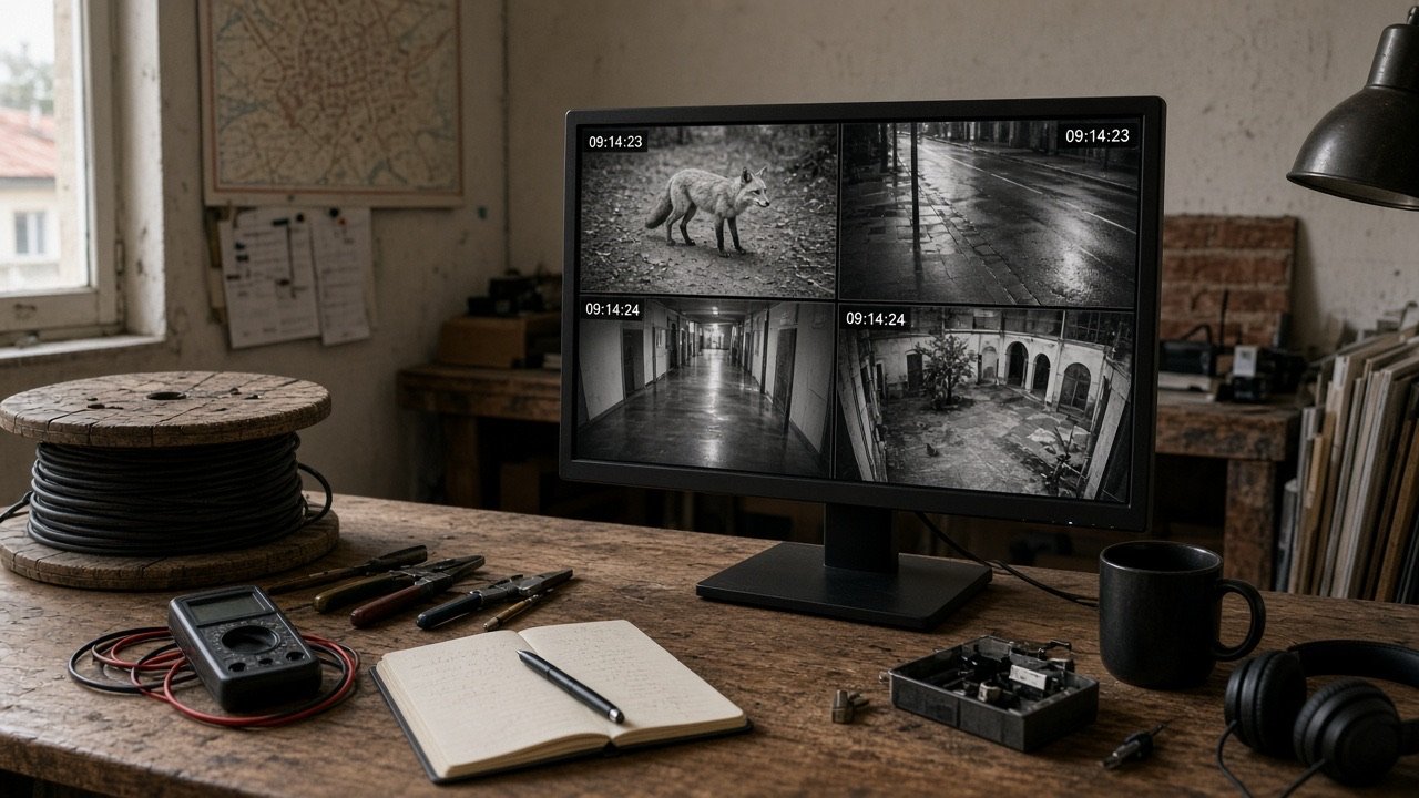 Pupitre d’atelier avec quatre tuiles de vidéosurveillance