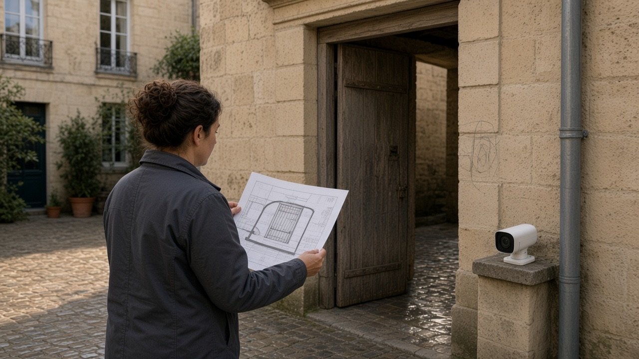 Sur le plan, un rectangle crayonné autour de la porte cochère, avant le SKU