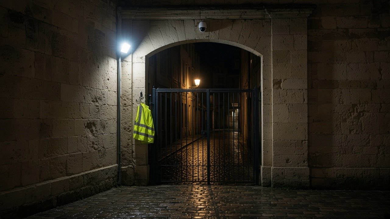 Portail de nuit : un projecteur brûle le premier plan, l’allée derrière est noire