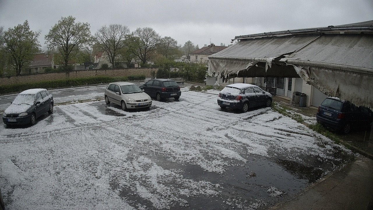 Parking sous une averse de grêle